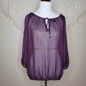 Cache Metallic Cold Shoulder Blouse Purple Gold Size Medium